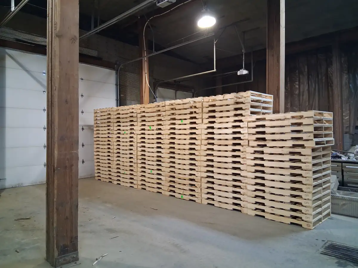 Finished pallets stacked inside the Cavalier shop